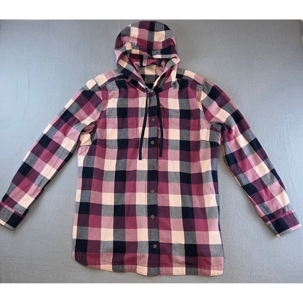 Duluth Trading Co Women's XL Plaid Flannel Hooded Shirt Pink Cotton Button Up
